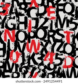 Seamless pattern with alphabet letters in form of red, black and white paint splashes and blots. Abstract vector background with latin letters. Suitable for wallpaper, wrapping paper or fabric