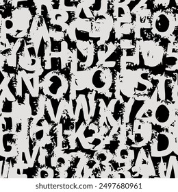 Seamless pattern with alphabet letters in form of black and white paint splashes and blots. Abstract vector background with latin letters. Suitable for wallpaper, wrapping paper or fabric