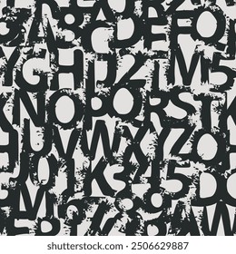 Seamless pattern with alphabet letters in form black and white paint splashes and blots. Abstract vector background with latin letters. Suitable for wallpaper, wrapping paper or fabric