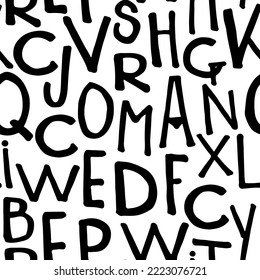 Letras de patrón sin inconfundibles en estilo grunge . Fondo del vector.   Elementos de letra con tinta negra dibujada a mano. 
 La pintura en blanco y negro mancha el ornamento del alfabeto.