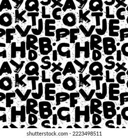Letras de patrón sin inconfundibles en estilo grunge . Fondo del vector.   Elementos de letra con tinta negra dibujada a mano. 
 La pintura en blanco y negro mancha el ornamento del alfabeto.
