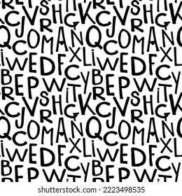 Letras de patrón sin inconfundibles en estilo grunge . Fondo del vector.   Elementos de letra con tinta negra dibujada a mano. 
 La pintura en blanco y negro mancha el ornamento del alfabeto.