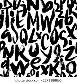 Seamless pattern alphabet letters in grunge style . Vector font background. Font elements hand drawn black ink . Black and white paint smears alphabet ornament.