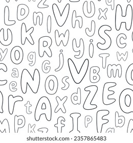 Letras del alfabeto de patrón sin inconvenientes dibujadas a mano de contorno. Fondo de línea de caligrafía. Papel tapiz de símbolos abc, papel envolvente, textil, idea de diseño creativo. Fondo de línea simple del vector