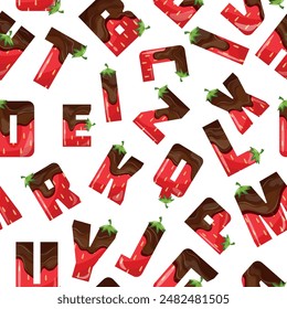 seamless pattern with alphabet letters shaped like strawberry in chocolate with green tail, for packaging, printing or various designs