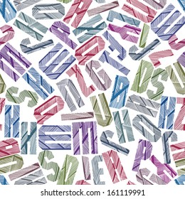 Seamless pattern with alphabet letters textured with hand drawn doddle lines, vector background. 