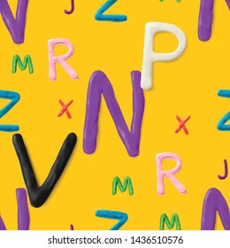 Seamless pattern with alphabet. Modeling clay letters. Realistic 3d vector background. Creative colorful design. Children style.