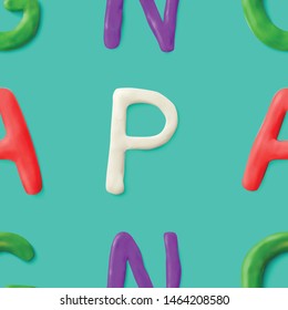 Seamless pattern with alphabet. Modeling clay letters. Realistic 3d vector background. Creative colorful design. Children style.