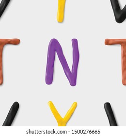 Seamless pattern with alphabet. Modeling clay letters. Realistic 3d vector background. Creative colorful design. Children style.