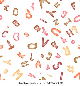 Seamless pattern with an alphabet of modeling clay. Colorful plasticine letters for children. Wallpaper or textile vector illustration. White background with brown and pink font.