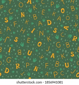 Seamless pattern of alphabet on the green background for wrapping paper,  textile or fabric. Vector illustration.