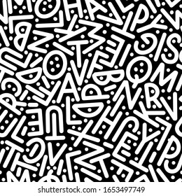 Patrón transparente del alfabeto. Letras blancas sobre fondo negro. Ilustración vectorial.