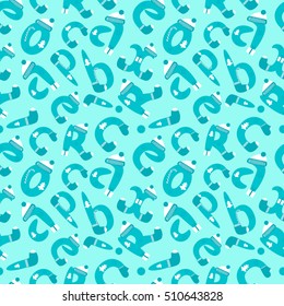 Seamless pattern with alphabet. Winter background for Christmas and New Year card, wrapping design with mittens, socks, gifts, snowflakes, letters.