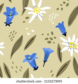 Seamless pattern with alpine flowers edelweiss and gentian. Vector illustration for fabric, packaging, textile, wallpaper, apparel.