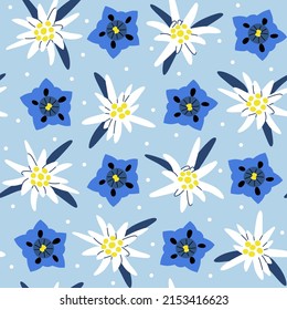 Seamless pattern with alpine flowers edelweiss and gentian. Vector illustration for fabric, packaging, textile, wallpaper, apparel.