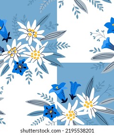 Patrón sin foco con flores alpinas edelweiss y gentiana. Ilustración vectorial para tela, embalaje, textil, papel pintado, prendas de vestir.