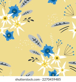 Seamless pattern with alpine flowers: edelweiss, gentian and others. Vector illustration for print, packaging, textile, wallpaper.