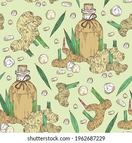 Seamless pattern with alpinia galanga: large galangal root, leaves and bottle of alpinia galanga essential oil. Cosmetic, perfumery and medical plant. Vector hand drawn illustration.