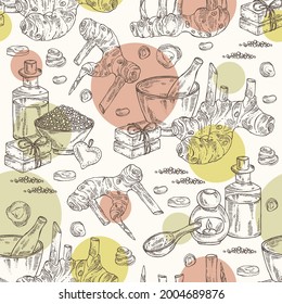 Patrón sin foco con alpinia galanga: raíces y hojas grandes de galangón. Aceite, jabón y sal de baño. Cosméticos y plantas médicas. Ilustración dibujada a mano por el vector