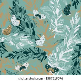 Seamless pattern with Alpinia purpurata or red ginger. Hand drawn ginger flower. Vector pattern with tropical leaves, flowers and butterflies. Romantic pattern with tropical flower. Blooming flowers.