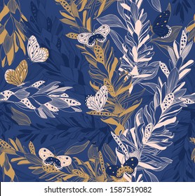 Seamless pattern with Alpinia purpurata or red ginger. Hand drawn ginger flower. Vector pattern with tropical leaves, flowers and butterflies. Romantic pattern with tropical flower. Blooming flowers.