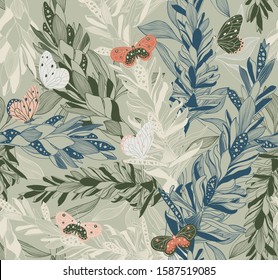Patrón sin fisuras con Alpinia purpurata o jengibre rojo. Flor de jengibre dibujada a mano. Patrón de Vector con hojas tropicales, flores y mariposas. Patrón romántico con flor tropical. Flores florecientes.