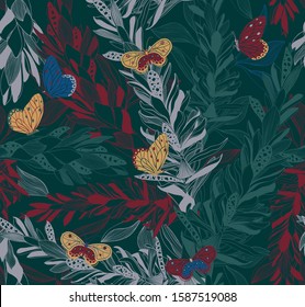 Seamless pattern with Alpinia purpurata or red ginger. Hand drawn ginger flower. Vector pattern with tropical leaves, flowers and butterflies. Romantic pattern with tropical flower. Blooming flowers.