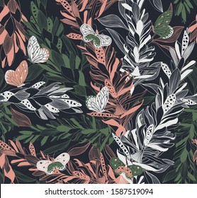 Seamless pattern with Alpinia purpurata or red ginger. Hand drawn ginger flower. Vector pattern with tropical leaves, flowers and butterflies. Romantic pattern with tropical flower. Blooming flowers.