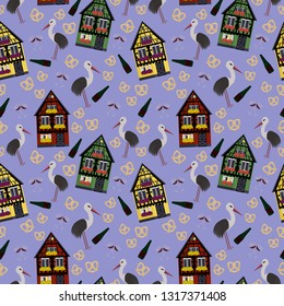 Seamless pattern in Alsace style with houses, wine and storks