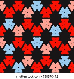 Seamless pattern with alternate colorful geometric shapes on dark background.