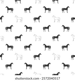 Seamless pattern of alternating black and white arabian horse silhouettes on a white background, creating a minimalist equestrian design