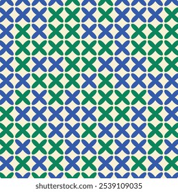 Seamless Pattern with Alternating Blue and Green X Shaped Motifs on a Beige Background. Geometric Minimalist Design for Wallpaper, Textile, and Graphic Design Applications