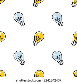 Seamless pattern with alternating light bulbs, some of them are glowing yellow.