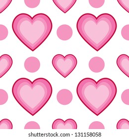 A seamless pattern of alternating pink hearts and polka dots.