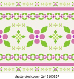 Seamless pattern with alternating rows of geometric flowers and stripes in pink and green hues. symmetrical layout and clean lines create a playful modern look for textile prints children product rug 