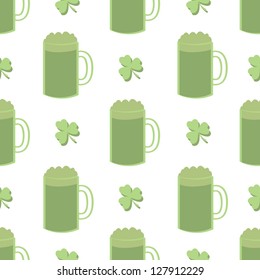 A seamless pattern of alternating shamrocks and green beer or ale.