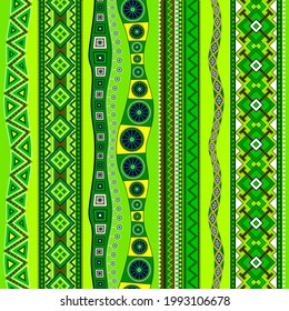 Seamless pattern with alternating straight and winding vertical lines. Ribbons of various geometric designs from circles, rhombuses and triangles. Spring greenish color.