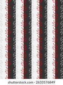 Seamless pattern of alternating vertical stripes of white and black, with stylized leaf designs in gray and red, can be used for background, textiles, wrapping paper and other decorative application.