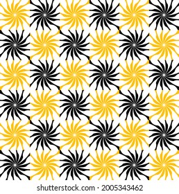seamless pattern of alternating yellow and black spiral sunburst shapes arranged in a grid. The swirling elements give a dynamic, energetic visual across a white background.
