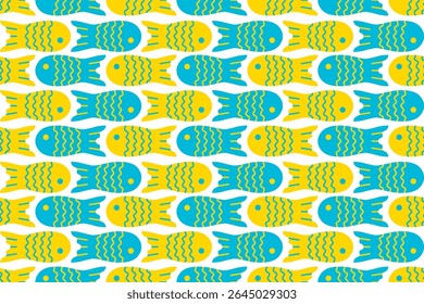Seamless pattern of alternating yellow and blue fish forming elegant waves on a white background, ideal for marine themes.