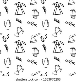 Seamless pattern with alternative coffee icons set. Seamless pattern with different coffee makers elements on white background. For cafe and restaurants menu. Coffee background.