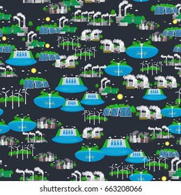 seamless pattern alternative energy green power, environment save, renewable turbine , wind and solar ecology electricity, ecological industry vector illustration