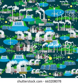 seamless pattern alternative energy green power, environment save, renewable turbine , wind and solar ecology electricity, ecological industry vector illustration