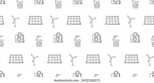 Nahtloses Muster mit alternativen Energie- und Recycling-Elementen Hand gezeichnete Doodle Outline Vektor