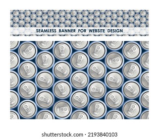 Seamless pattern aluminum cans with soda top view. Metal beer cans with key to open from high angle. Realistic horizontal vector for banner or website design