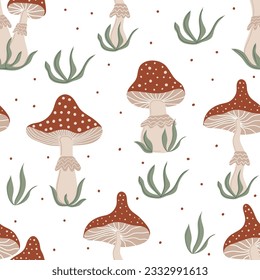 Seamless pattern with Amanita. Autumn design with mushrooms. Thanksgiving and harvest concept. Modern print for fabric, textiles, wrapping paper. Vector illustration	