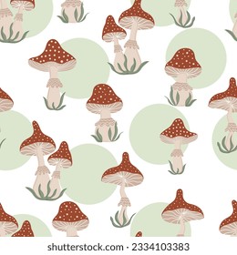 Seamless pattern with Amanita. Autumn design with mushrooms. Thanksgiving and harvest concept. Modern print for fabric, textiles, wrapping paper. Vector illustration	