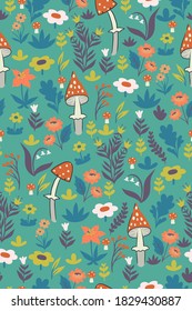 Seamless pattern with amanita and flowers. Vector graphics.
