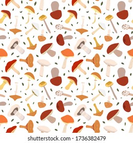 Seamless pattern with amanita forest mushrooms. Flat vector hand drawn background. Collection of different mushrooms with roots, real edible and poisonous boletus