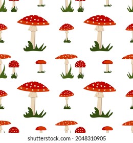 Seamless pattern with amanita mushroom with red hat and white dots and grass. Bright fly agaric print